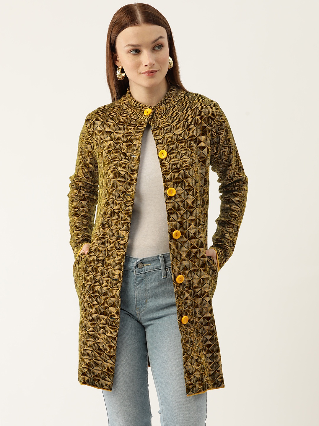 

American Eye Self Design Acrylic Longline Cardigan, Mustard