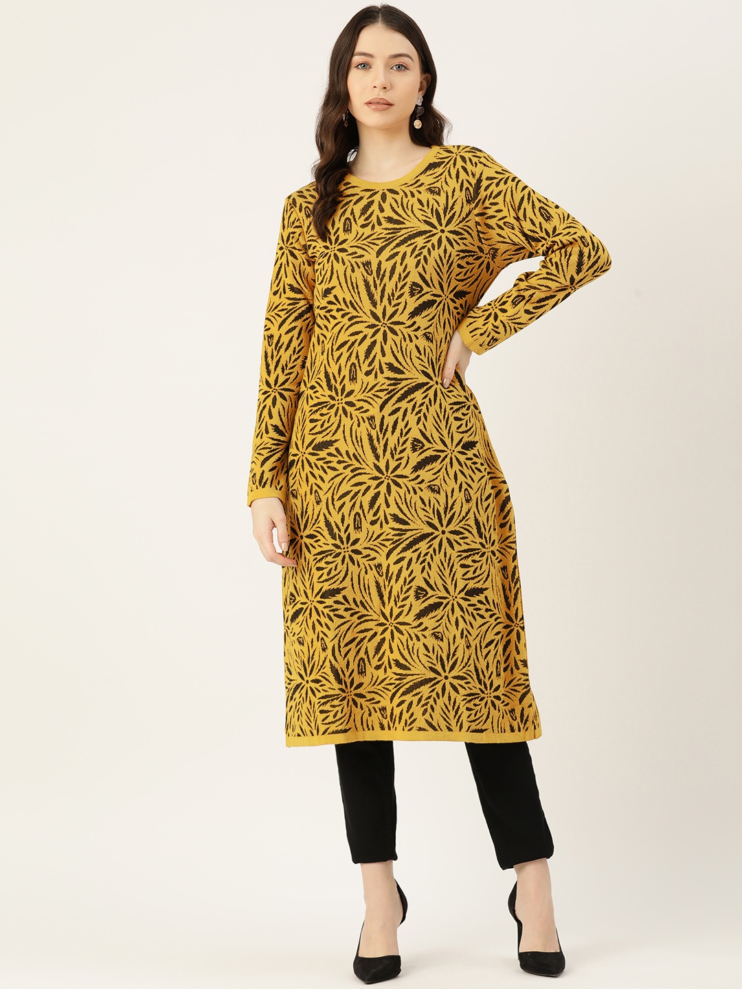 

American Eye Acrylic Floral Design Winter Kurta, Mustard