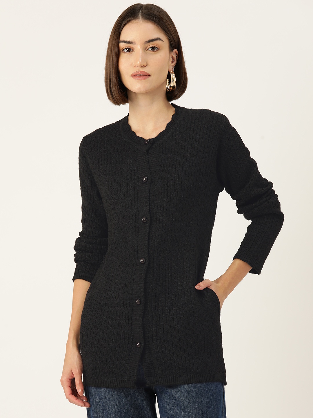 

American Eye Acrylic Cable Knit Longline Cardigan, Black