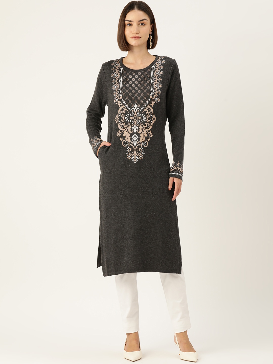 

American Eye Acrylic Ethnic Motifs Winter Kurta, Charcoal