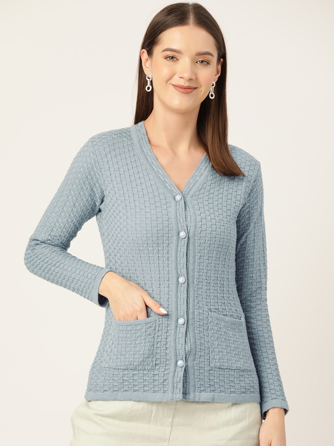 

American Eye Women Self Design Cardigan, Blue