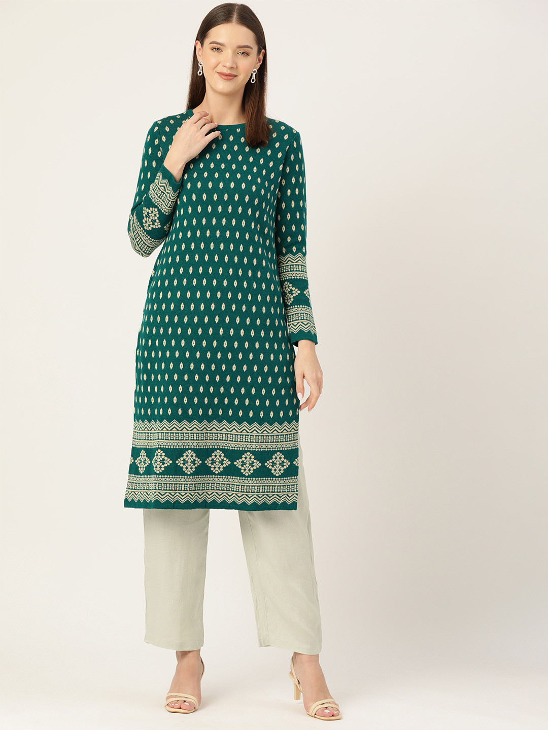 

American Eye Women Ethnic Motifs Winter Kurta, Green