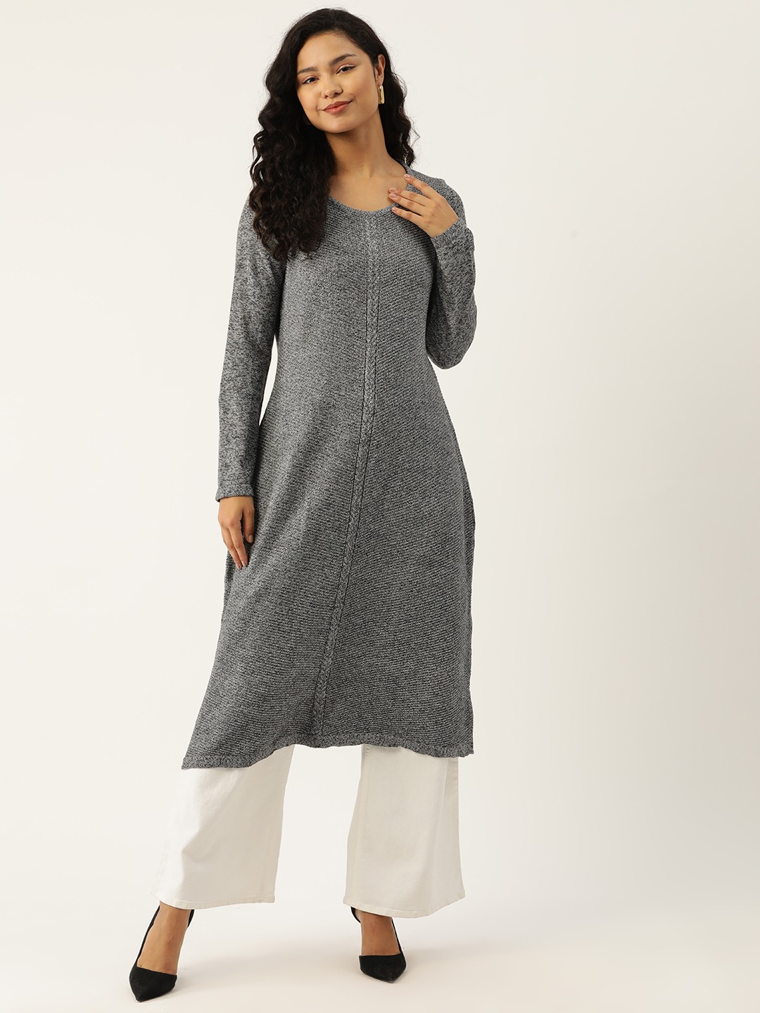 

American Eye Women Self Design Winter Kurta, Grey
