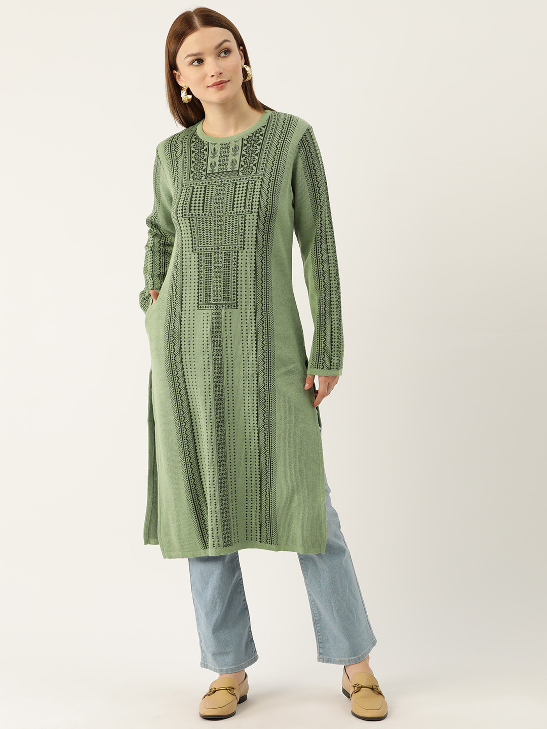 

American Eye Women Ethnic Motifs Winter Kurta, Green
