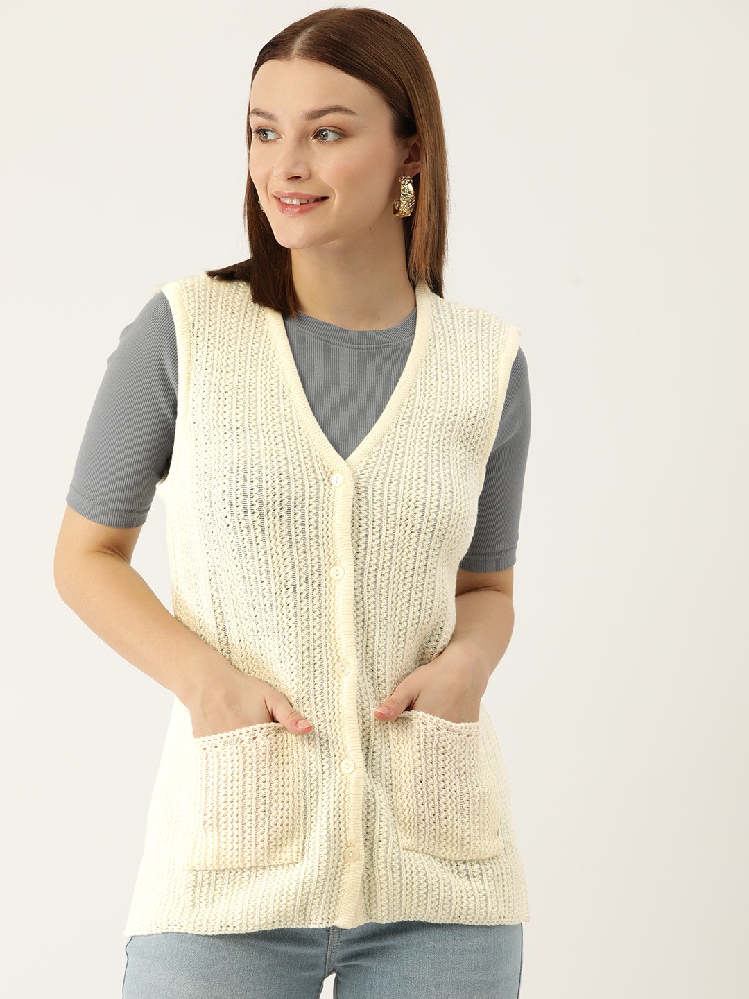 

American Eye Women Self Design Acrylic Cardigan, Off white