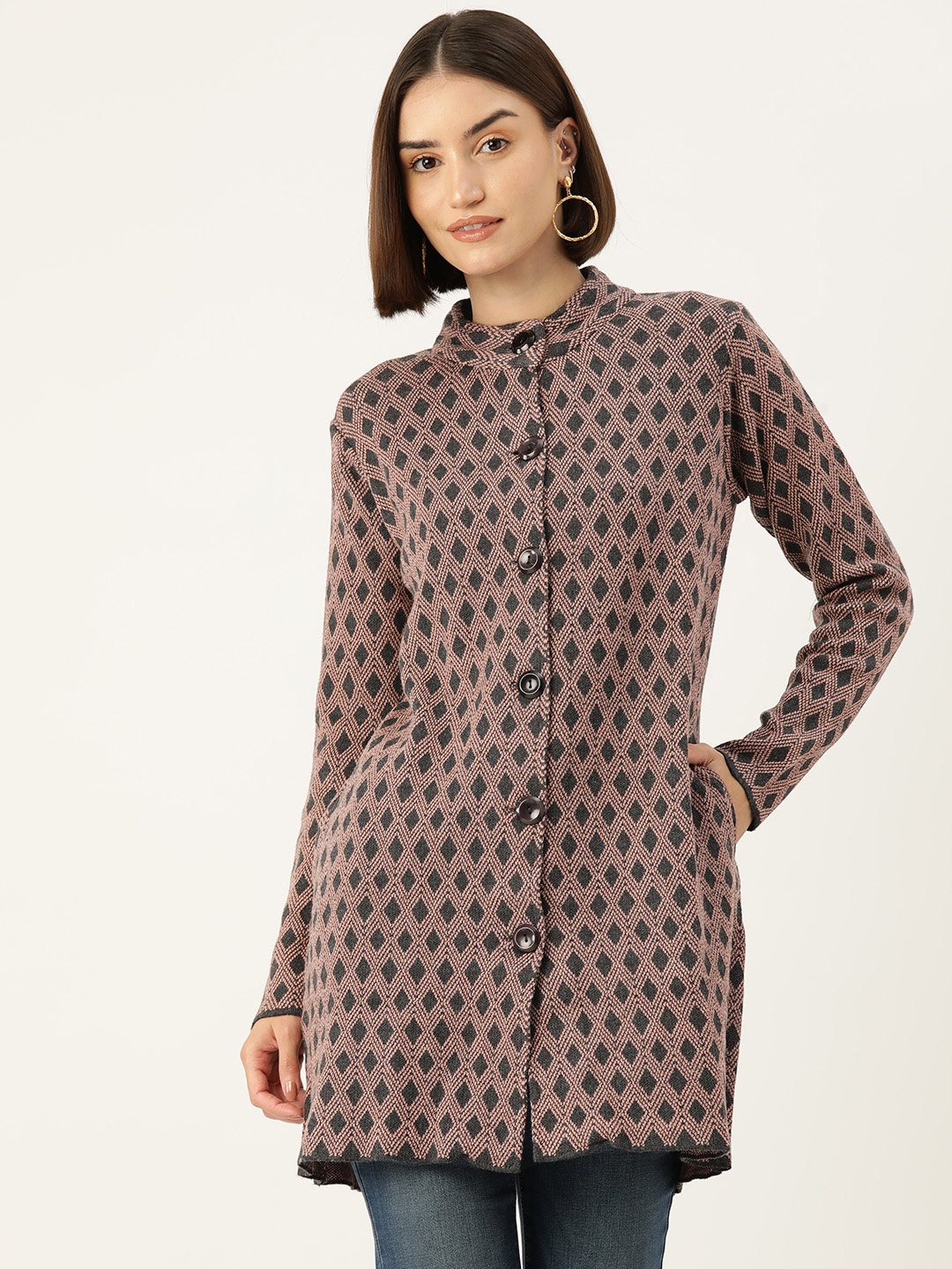 

American Eye Acrylic Self Design Longline Cardigan, Taupe