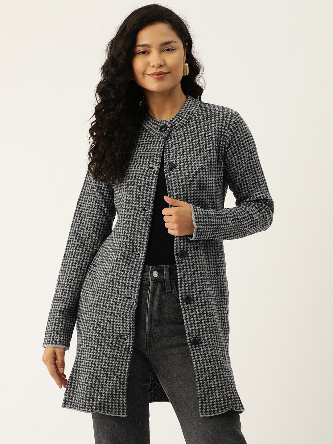 

American Eye Women Self Design Acrylic Longline Cardigan, Grey