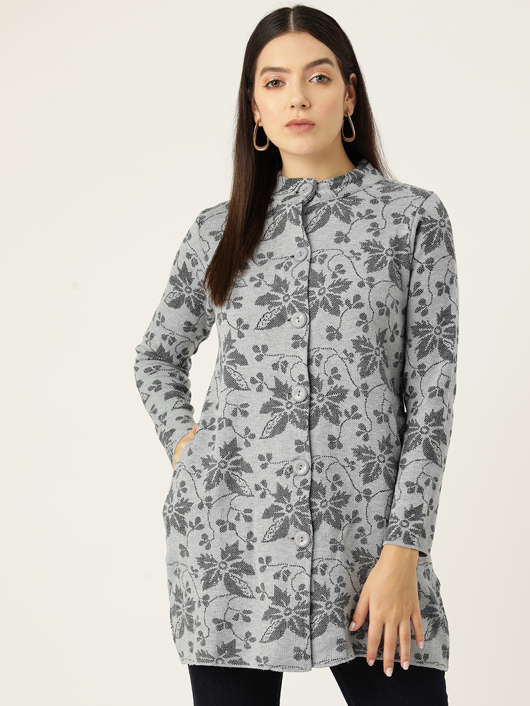

American Eye Floral Self Design Acrylic Longline Cardigan, Grey