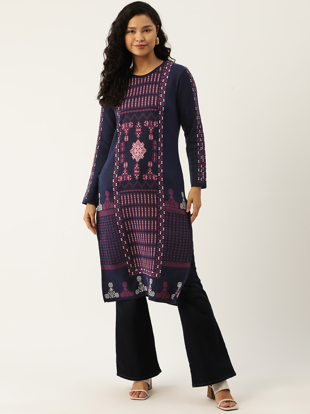 

American Eye Woven Designed Straight Winter Kurta, Navy blue