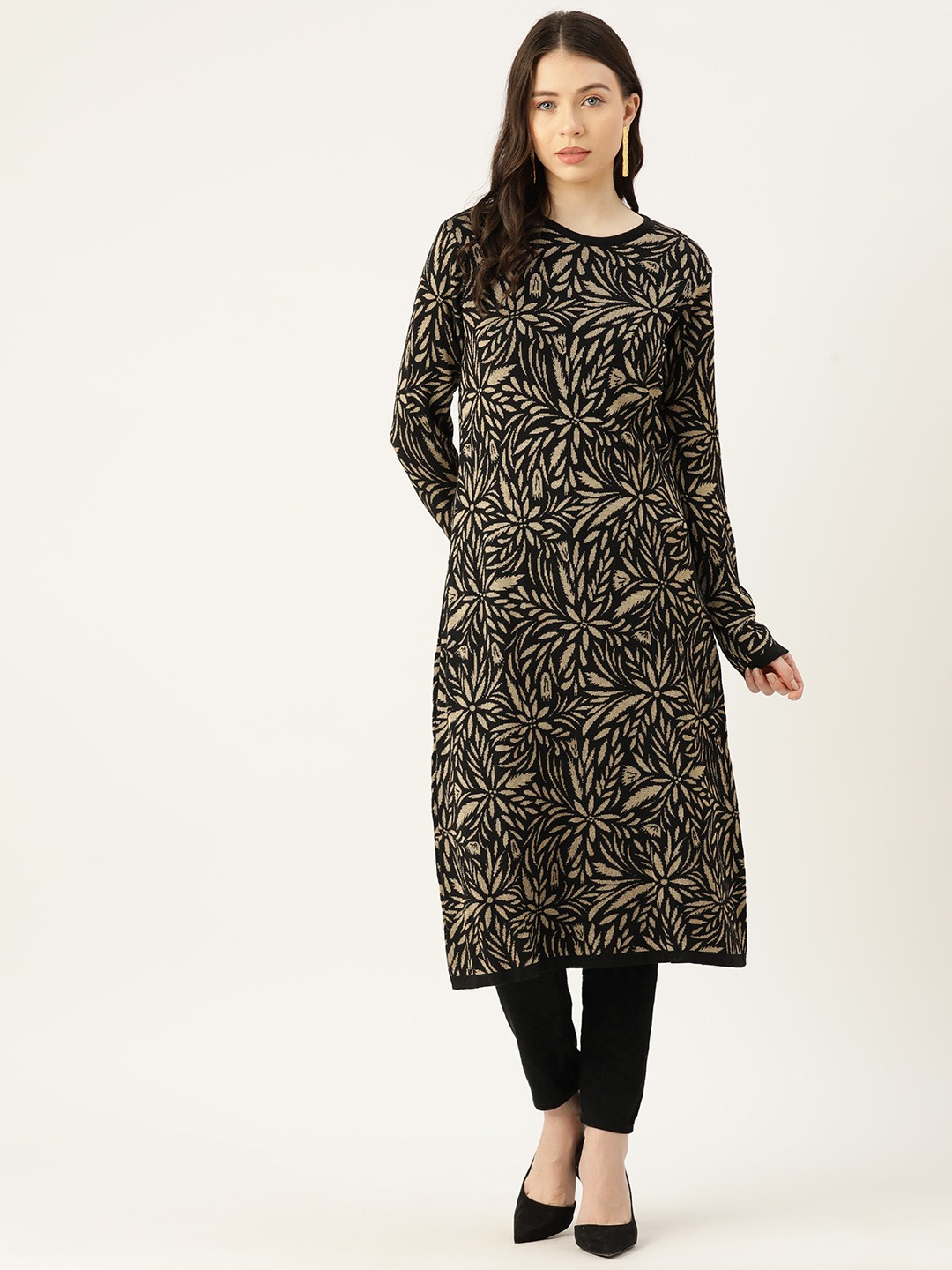 

American Eye Acrylic Floral Design Winter Kurta, Black
