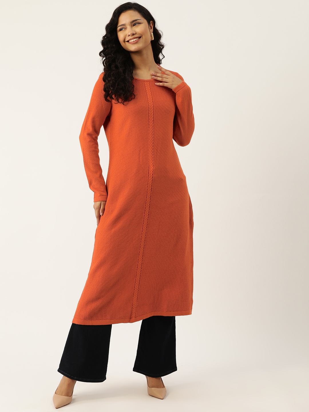 

American Eye Self-Striped Straight Winter Kurta, Orange