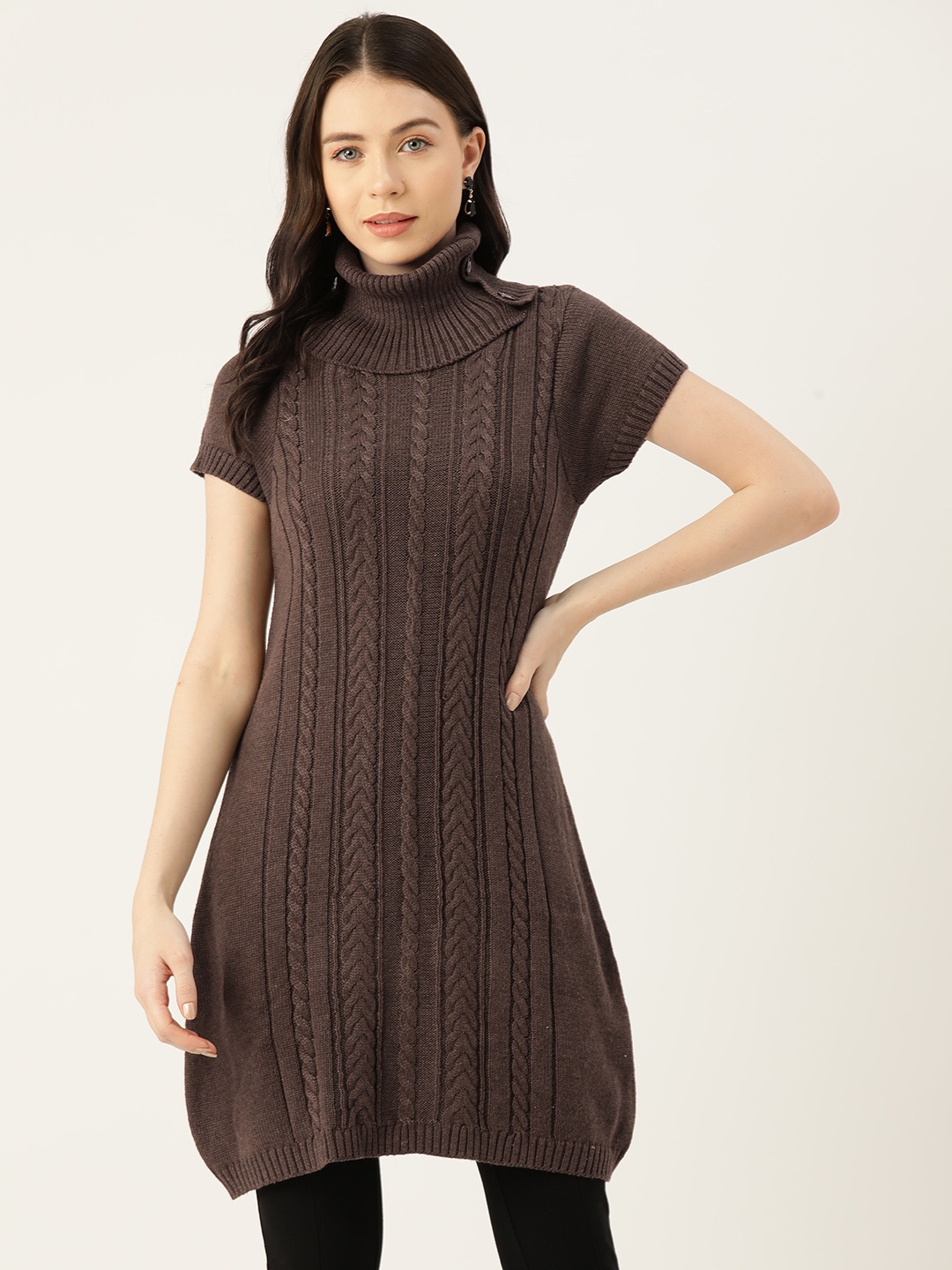 

American Eye Women Acrylic Cable Knit Longline Pullover, Brown