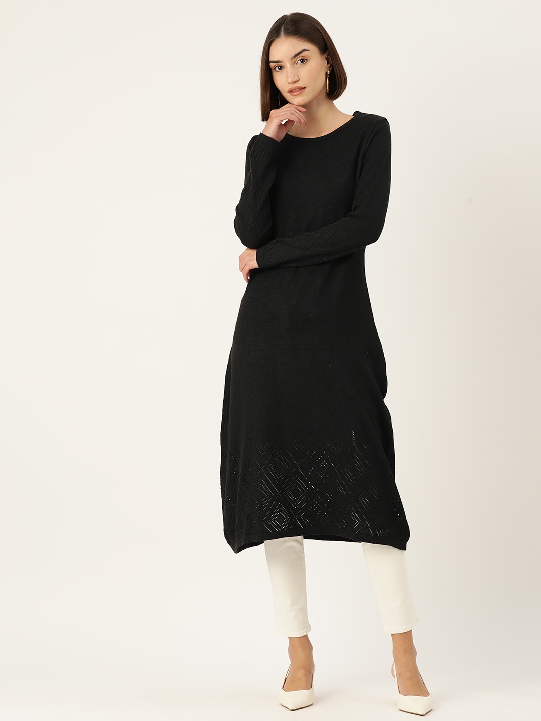 

American Eye Acrylic Self Design Winter Kurta, Black
