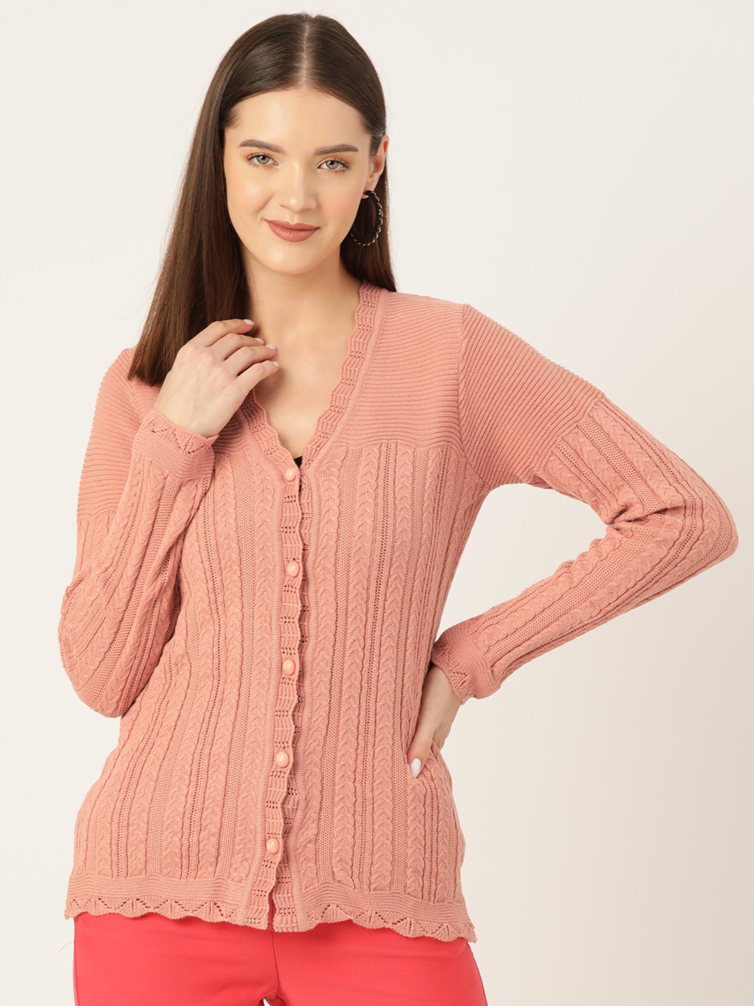 

American Eye Women Cable Knit Acrylic Cardigan, Peach