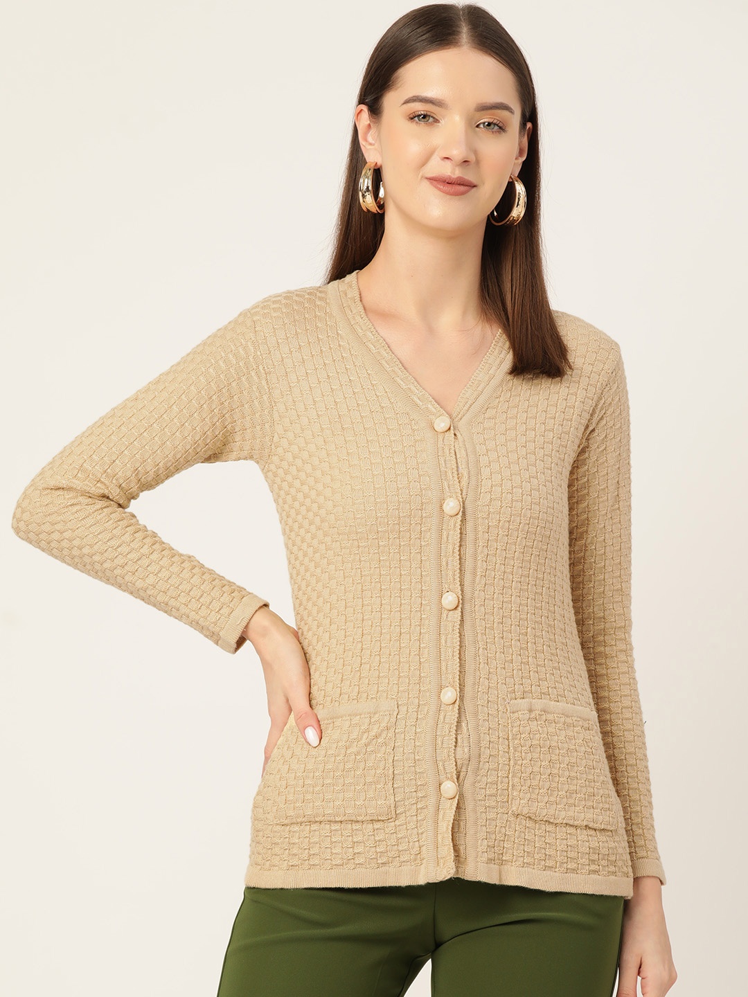 

American Eye Women Cable Knit Acrylic Cardigan, Beige