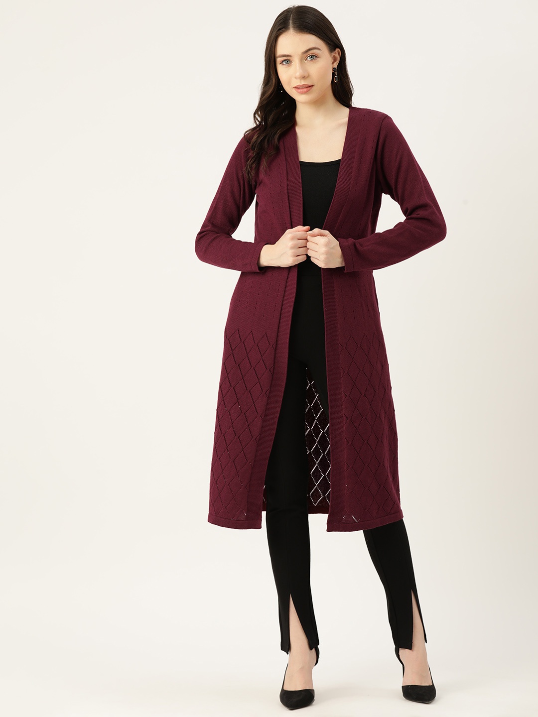

American Eye Acrylic Self Design Longline Open Front Sweater, Maroon
