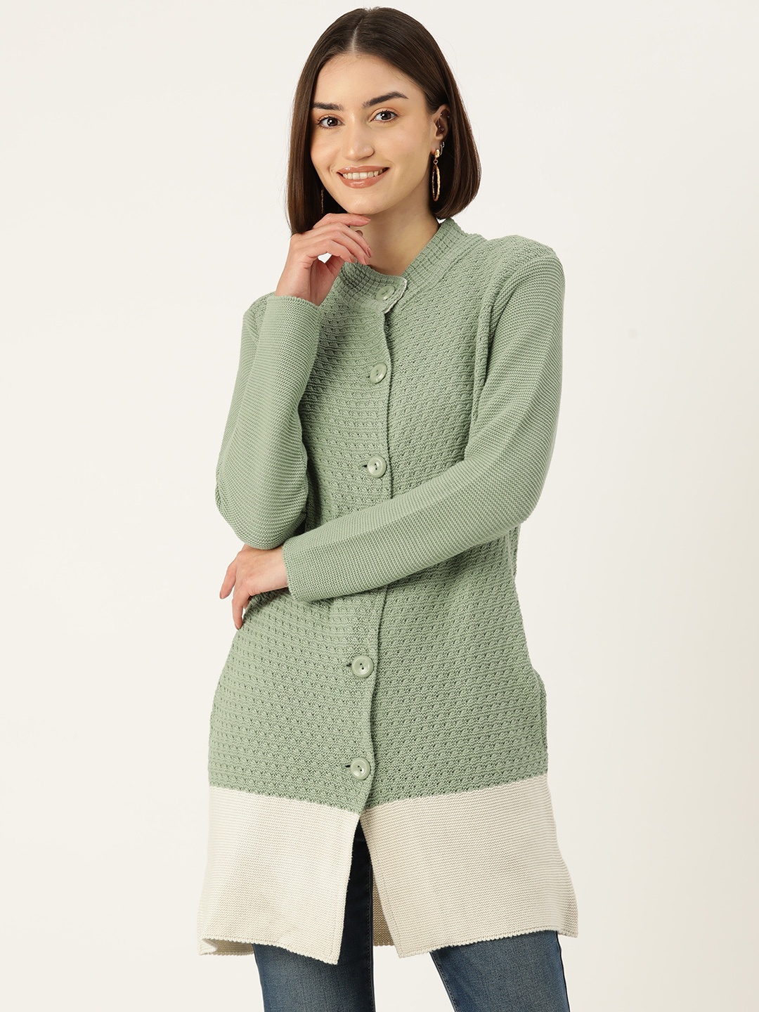 

American Eye Acrylic Colourblocked Longline Cardigan, Green