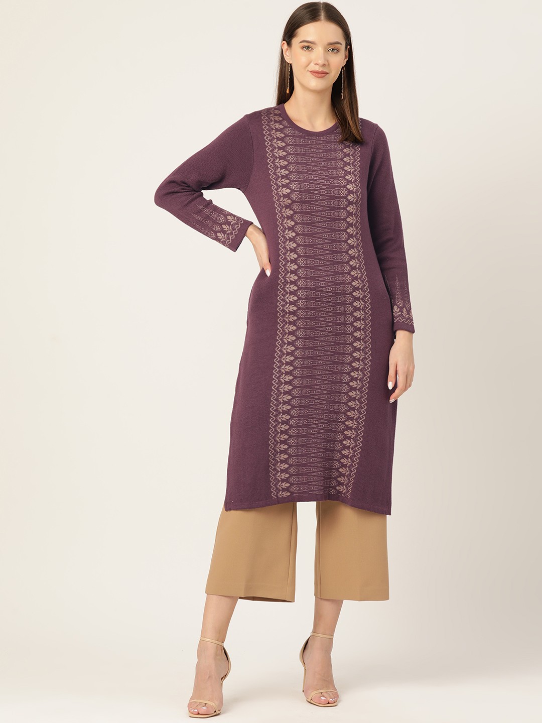 

American Eye Ethnic Motifs Winter Kurta, Violet