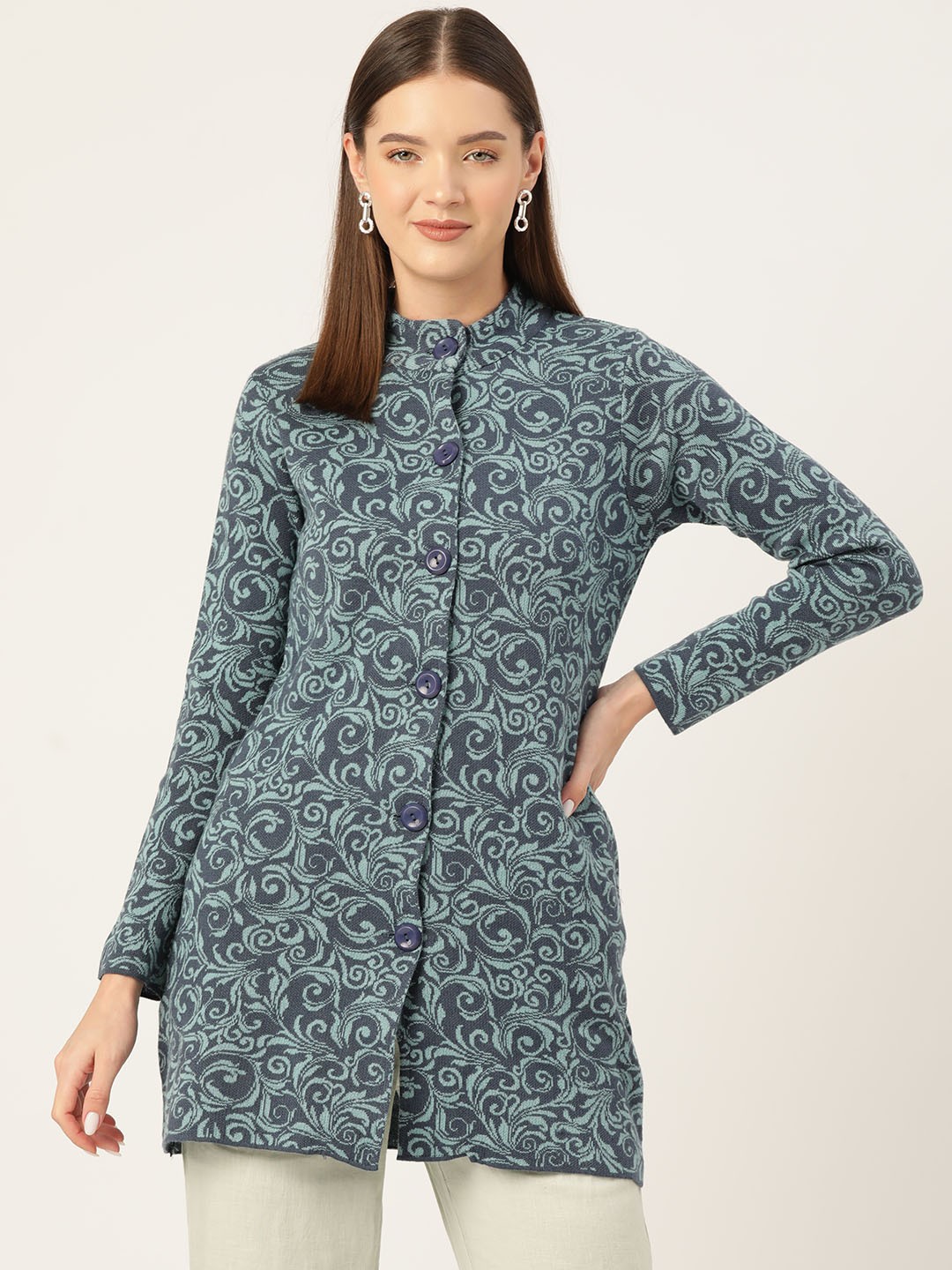 

American Eye Women Self Design Longline Cardigan, Navy blue