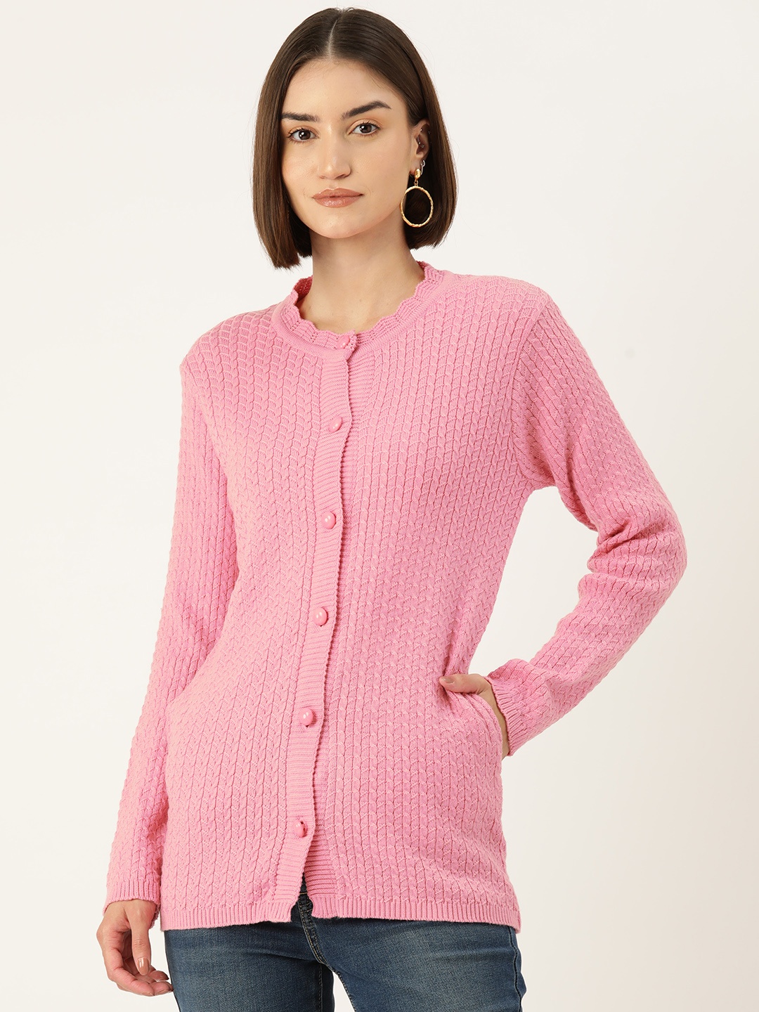

American Eye Acrylic Cable Knit Longline Cardigan, Pink