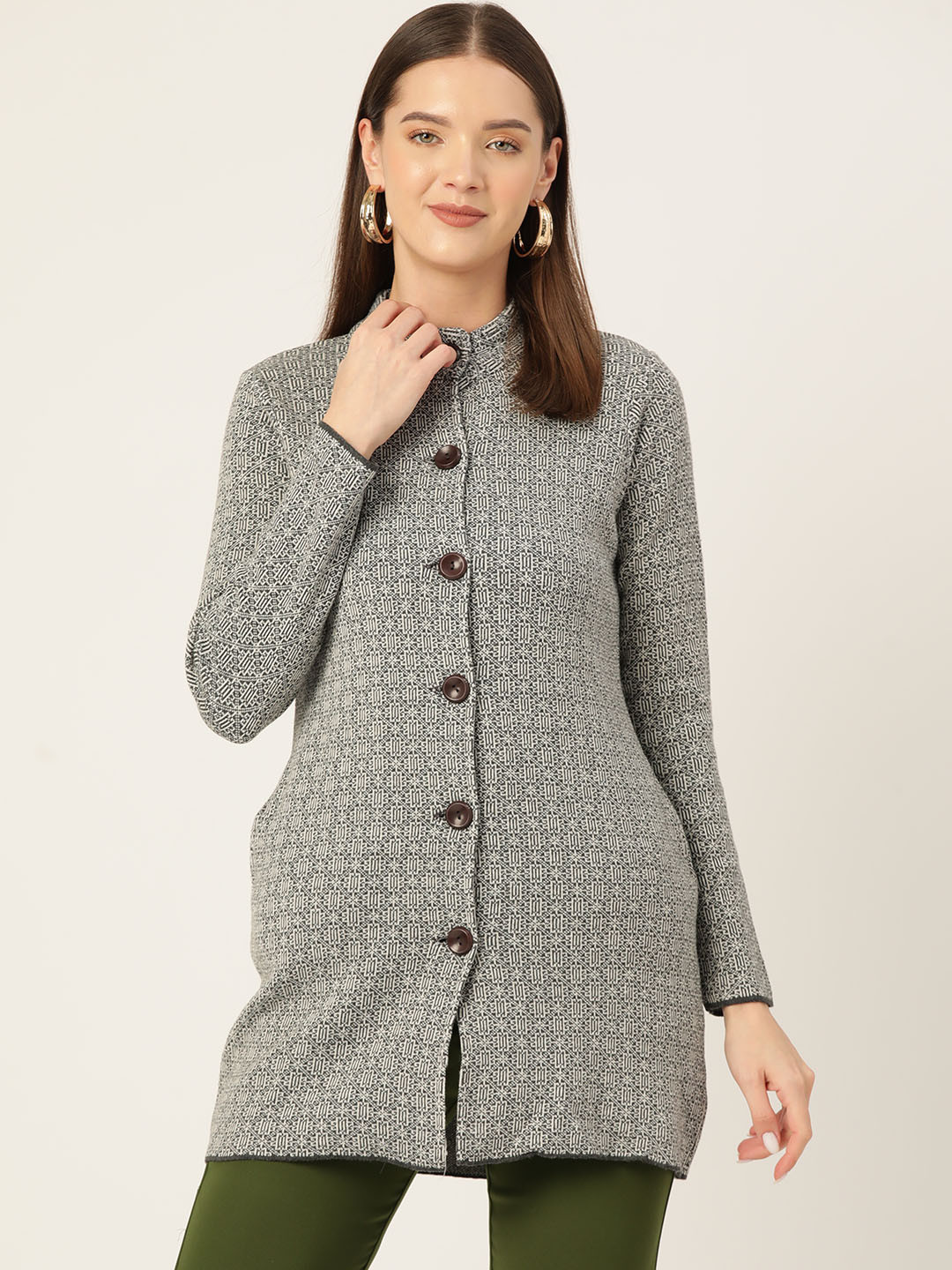 

American Eye Women Self Design Longline Cardigan, Grey melange