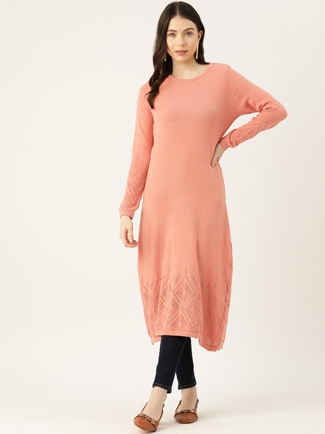 

American Eye Acrylic Self Design Winter Kurta, Peach