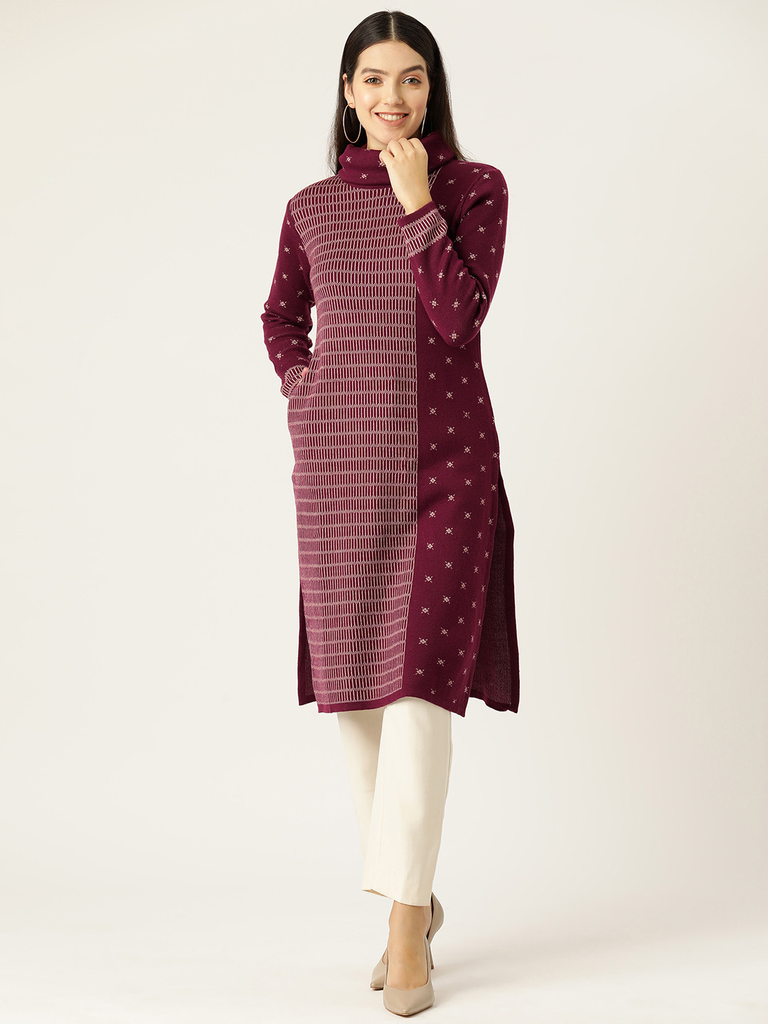 

American Eye Women Self Design Winter Kurta, Maroon