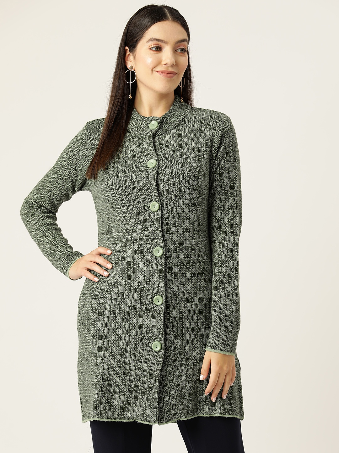 

American Eye Women Self Design Longline Cardigan, Green
