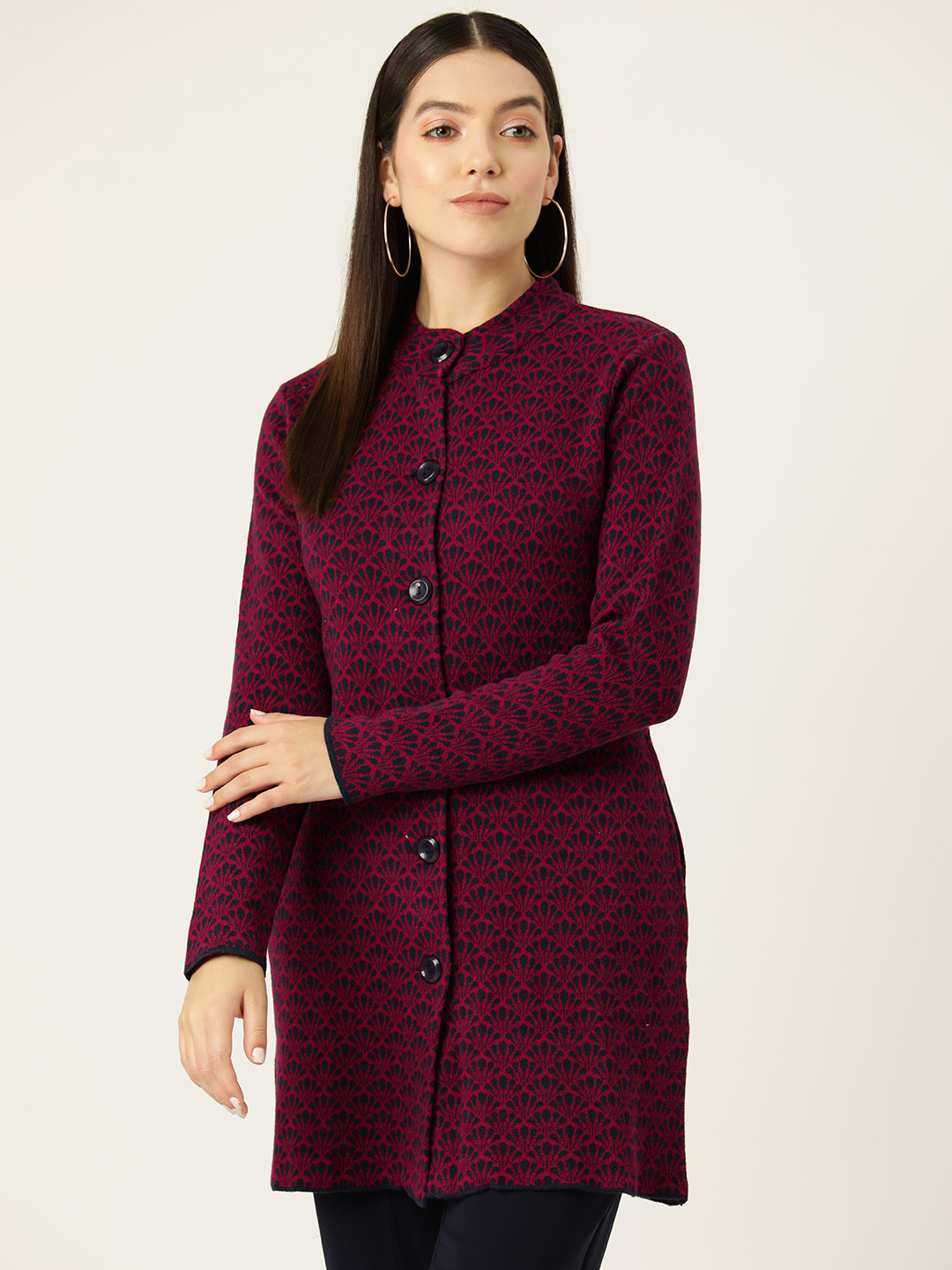 

American Eye Women Self Design Longline Cardigan, Navy blue