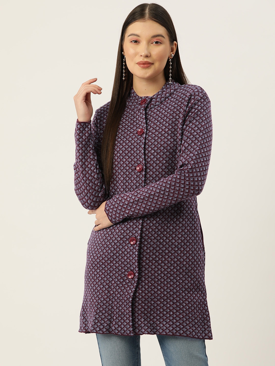 

American Eye Acrylic Self-Design Longline Cardigan, Maroon