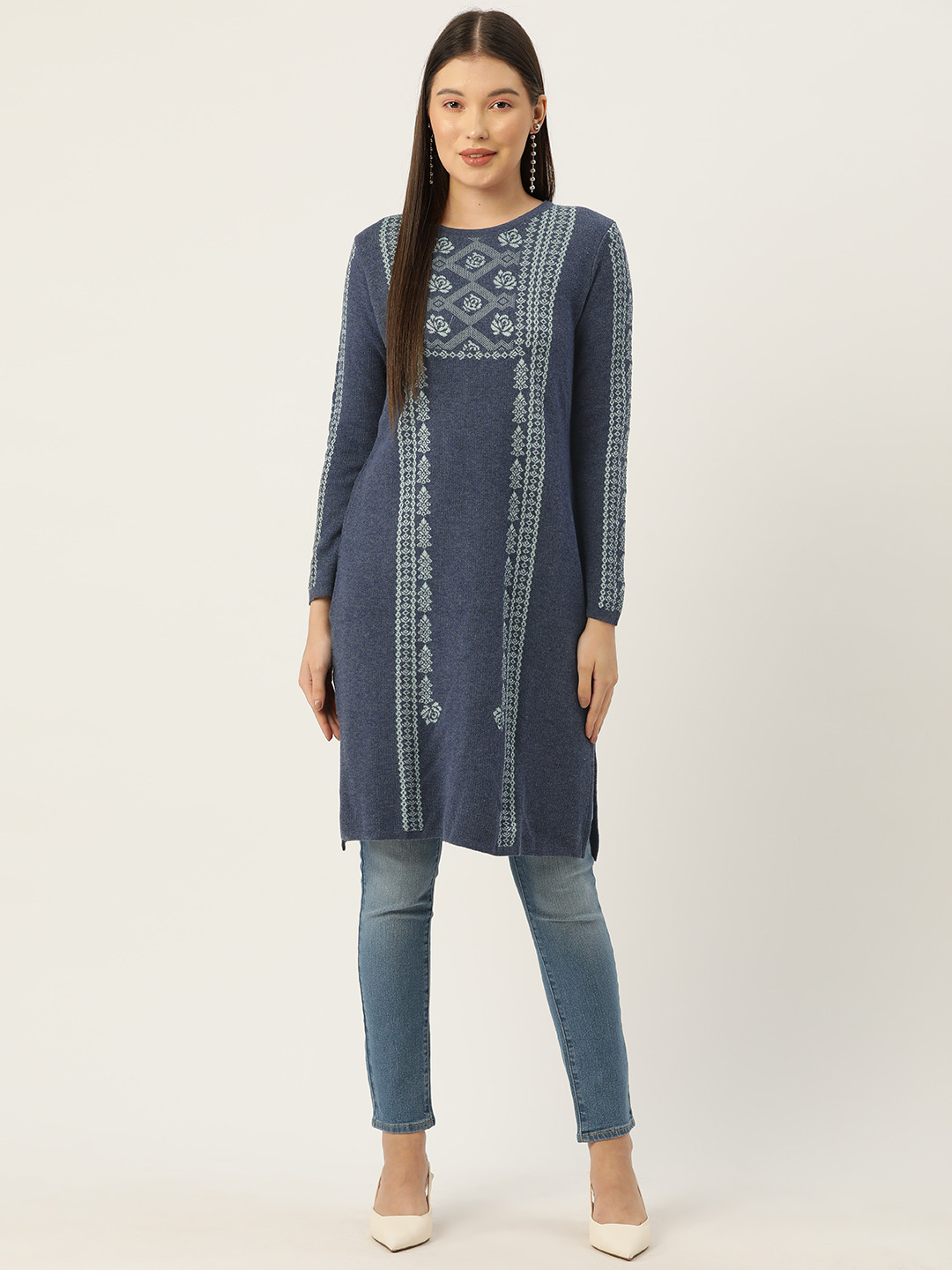 

American Eye Ethnic Motifs Design Winter Kurta, Blue