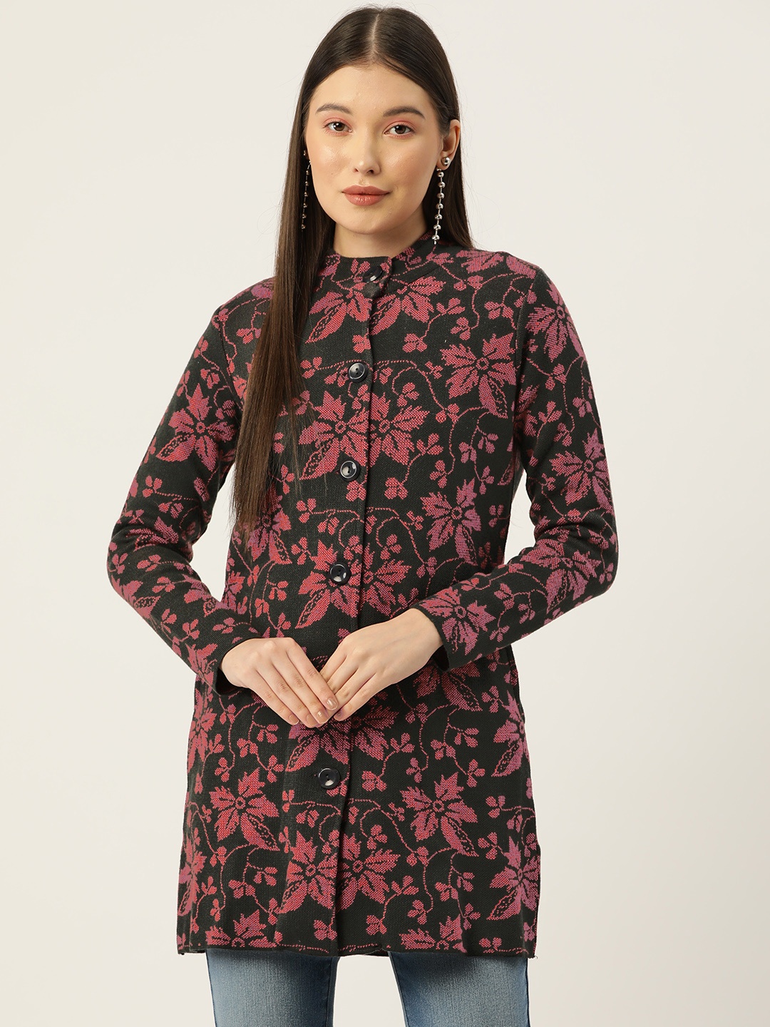 

American Eye Acrylic Floral Design Longline Cardigan, Charcoal