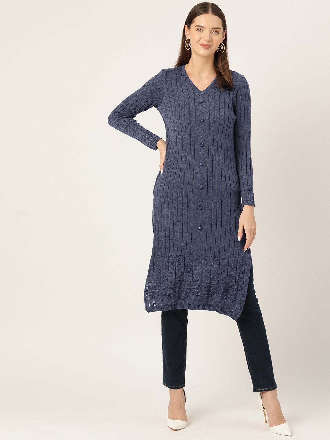 

American Eye Ribbed Acrylic Longline Pullover, Blue