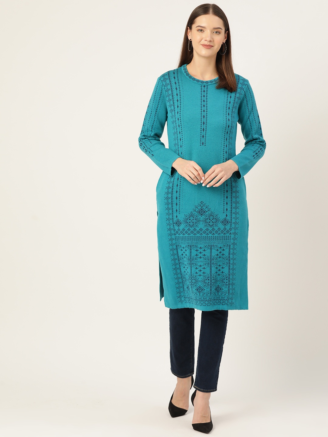 

American Eye Ethnic Motifs Acrylic Winter Kurta, Blue