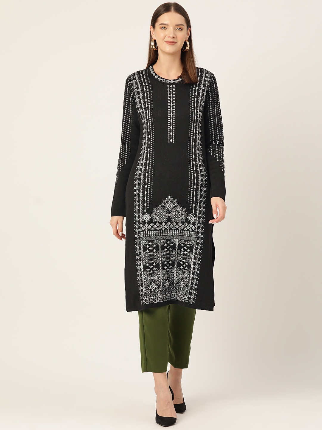 

American Eye Ethnic Motifs Acrylic Winter Kurta, Black