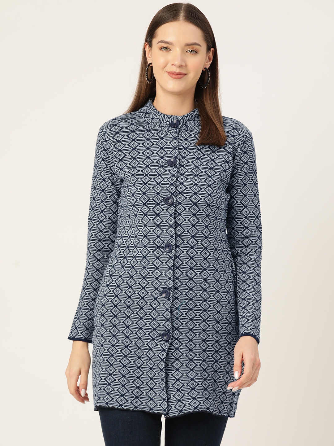

American Eye Self Design Acrylic Longline Cardigan, Navy blue