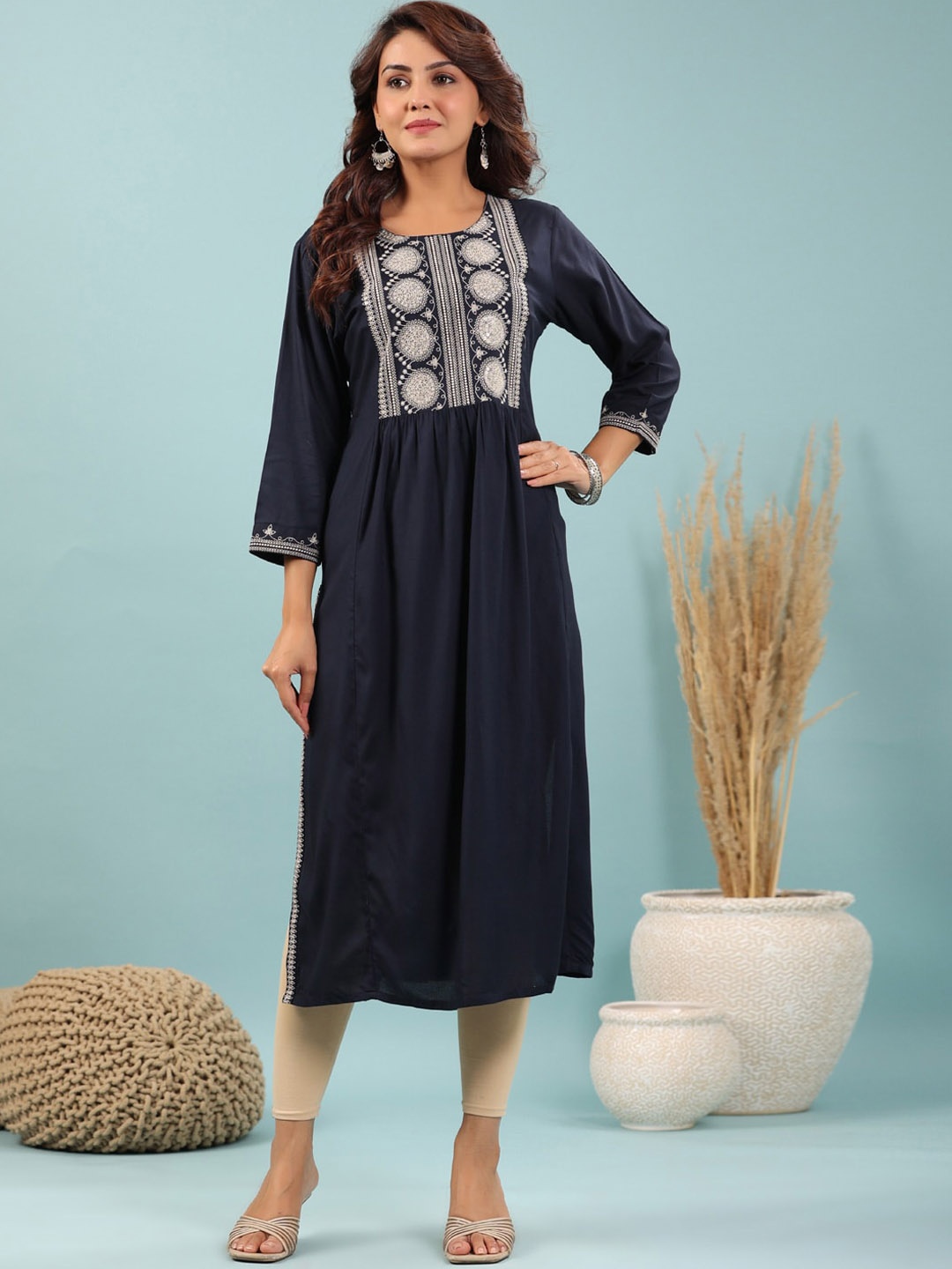 

Readiprint Fashions Geometric Embroidered Yoke Design Pleated A-Line Kurta, Blue