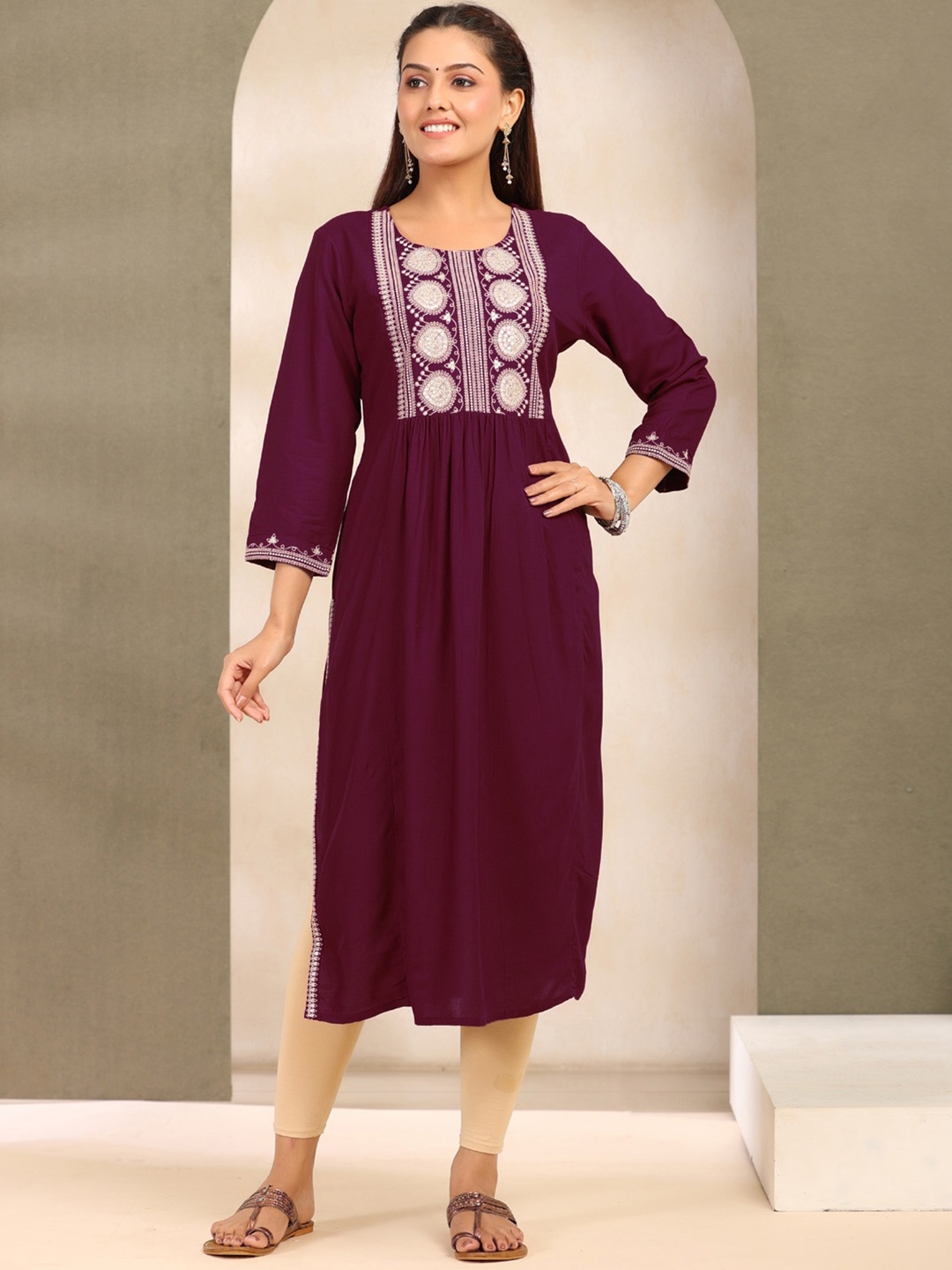 

Readiprint Fashions Geometric Embroidered Yoke Design Pleated A-Line Kurta, Burgundy