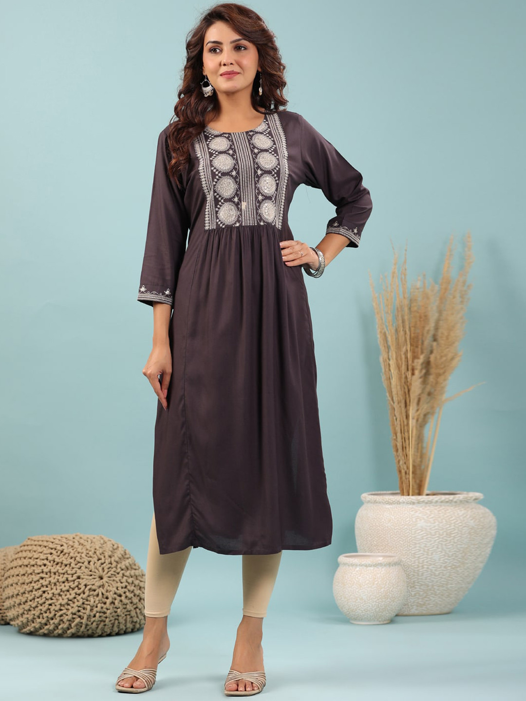 

Readiprint Fashions Geometric Embroidered Yoke Design Pleated A-Line Kurta, Grey