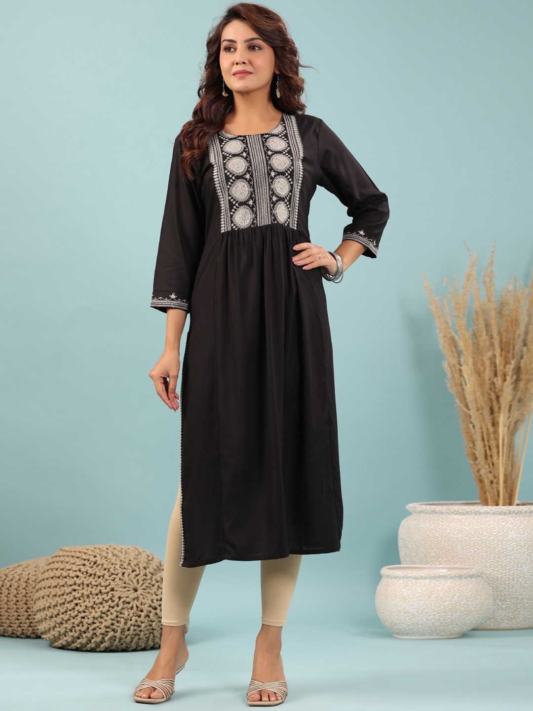 

Readiprint Fashions Geometric Embroidered Yoke Design Pleated A-Line Kurta, Black