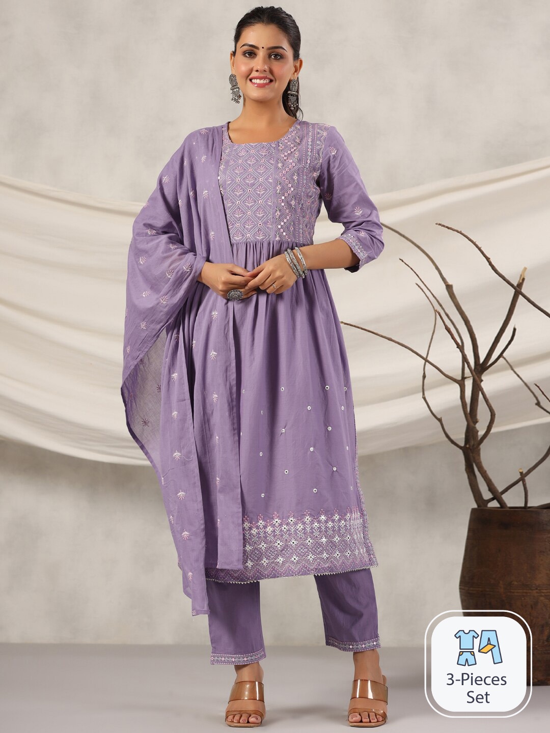 

Readiprint Fashions Mirror Work Embroidered Pure Cotton Kurta With Trousers & Dupatta, Purple