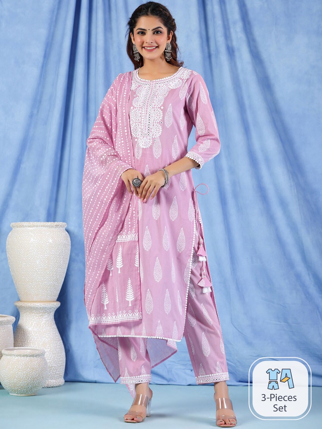 

Readiprint Fashions Printed Regular Mirror Work Pure Cotton Kurta With Trousers & Dupatta, Pink