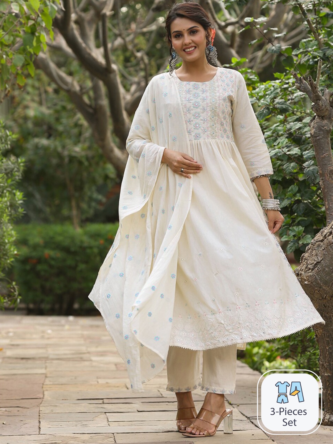 

Readiprint Fashions Embroidered Mirror Work Pure Cotton Kurta With Trousers & Dupatta, Off white