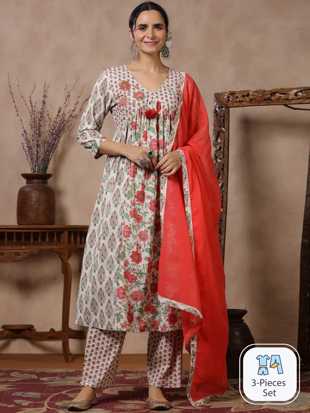 Readiprint Printed Regular Sequinned Pure Cotton Kurta With Trousers & Dupatta, Beige
