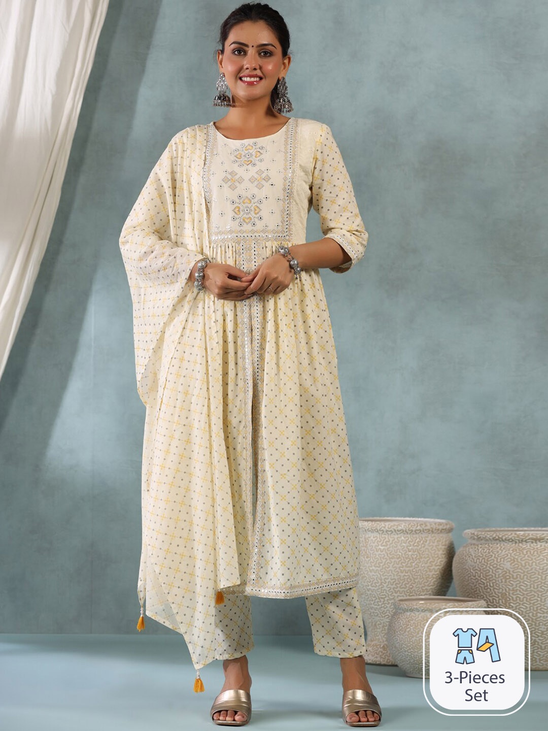 

Readiprint Fashions Printed Regular Sequinned Pure Cotton Kurta With Trousers & Dupatta, Yellow
