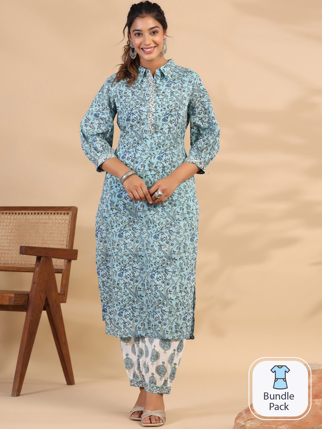 

Readiprint Floral Printed Regular Pure Cotton Kurti With Trousers, Blue