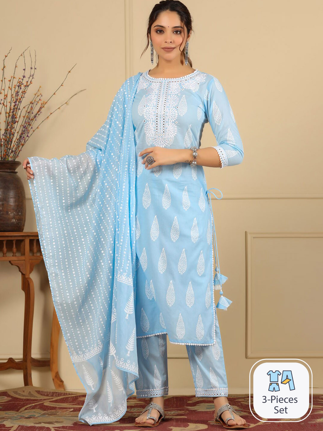 

Readiprint Fashions Ethnic Motifs Printed Pure Cotton Kurti With Trousers & Dupatta, Blue