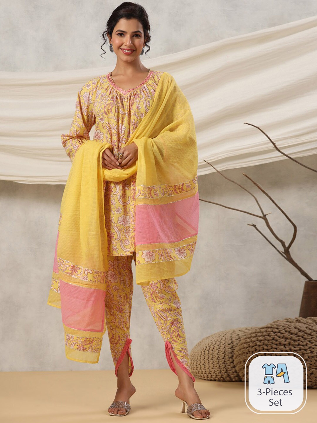 

Readiprint Floral Printed Pure Cotton Kurti with Dhoti Pants With Dupatta, Yellow