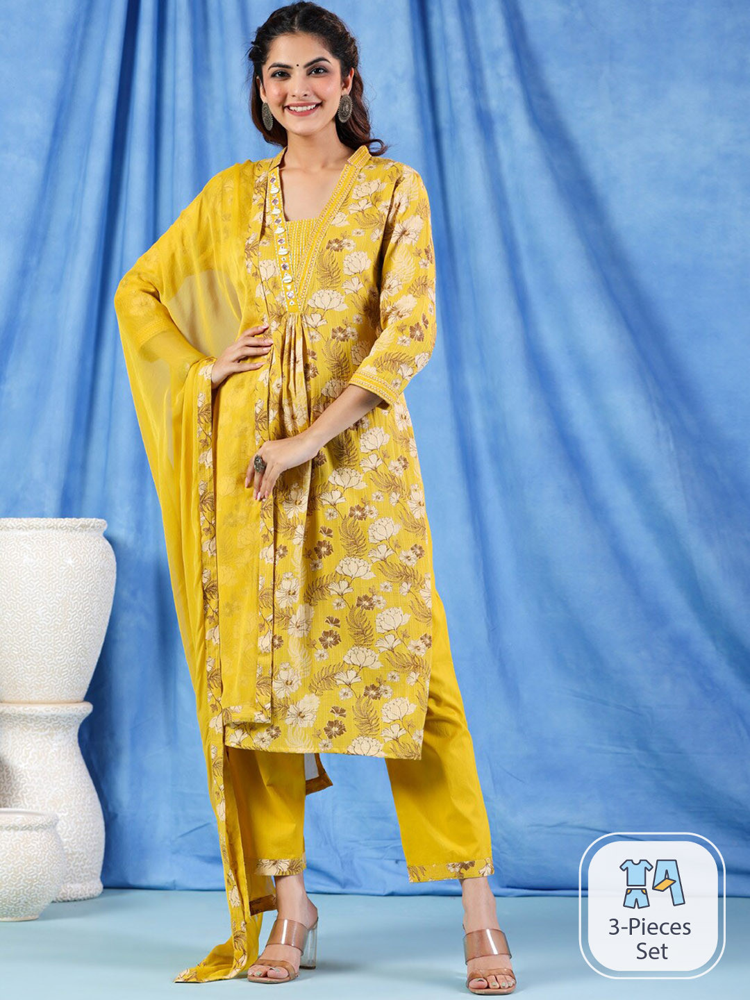 

Readiprint Floral Printed Mirror Work Pure Cotton Kurti With Trousers & Dupatta, Mustard