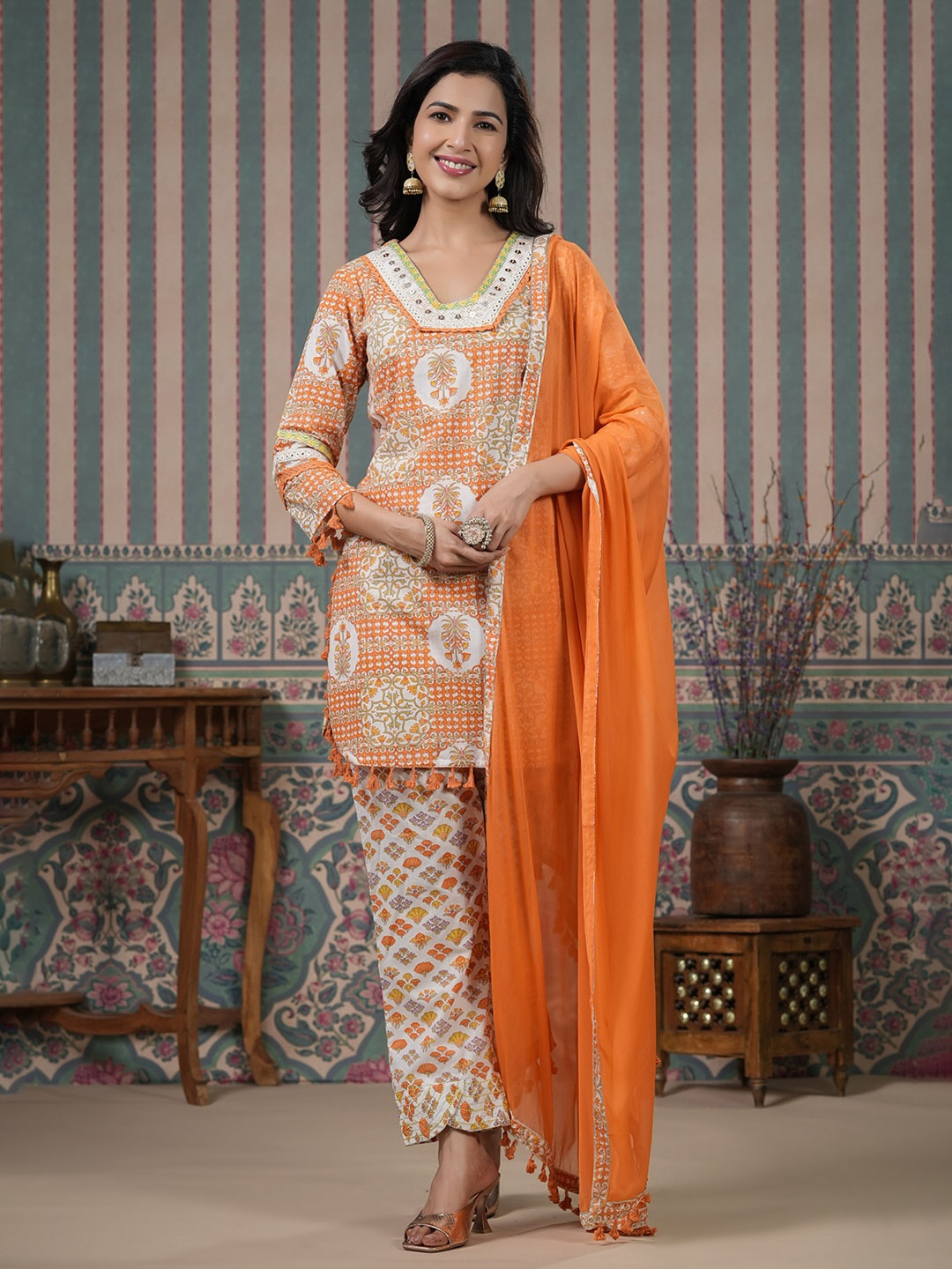 Readiprint Floral Printed Thread Work Pure Cotton Kurti With Trousers & Dupatta, Orange